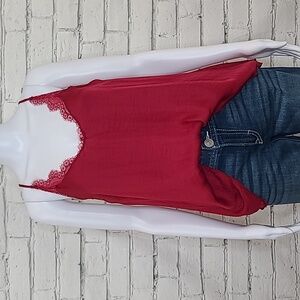 Free People Only With You Lace Trim Silk V-Neck Cami Lace Racer Back in Red